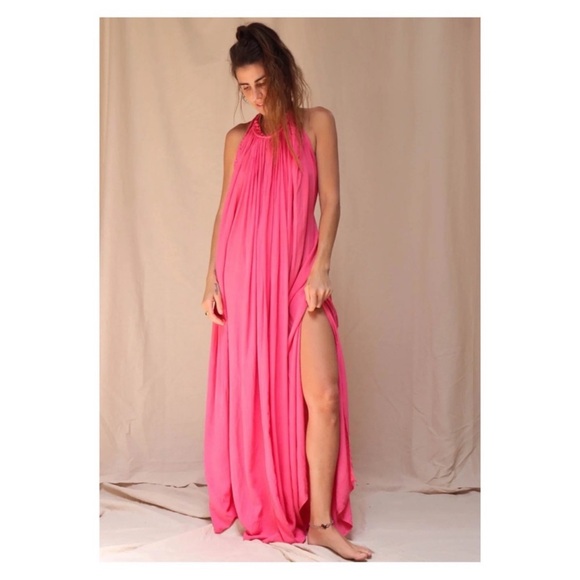 New! Grecian Margarita Open Back Halter Maxi Dress with Side Slits in Pink - Picture 3 of 15